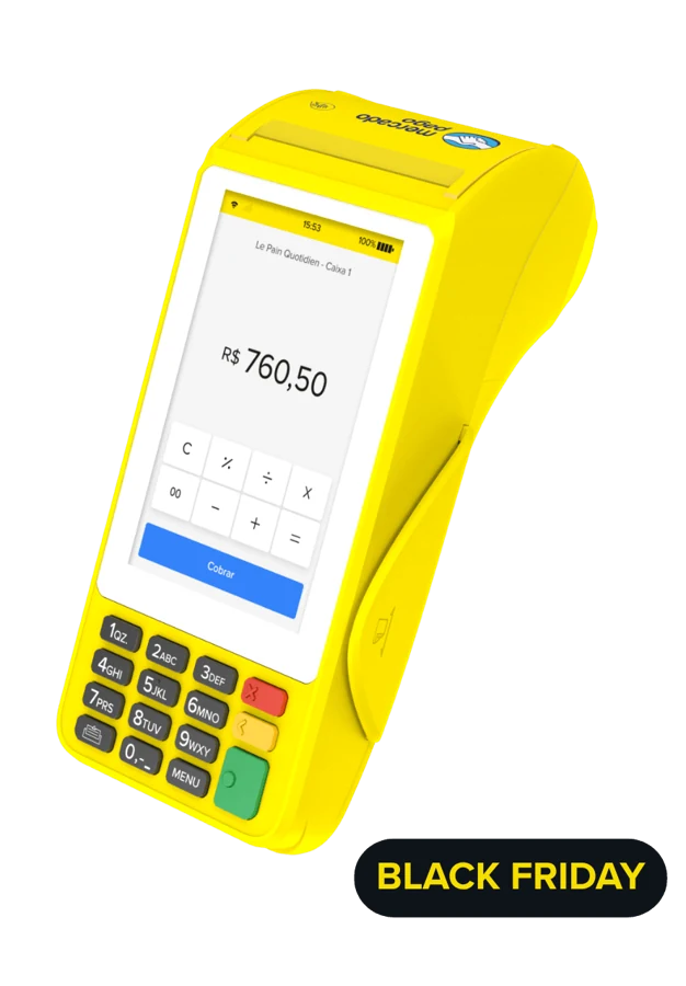 Maquininha amarela Mercado Pago Point Pro 3 com teclado físico